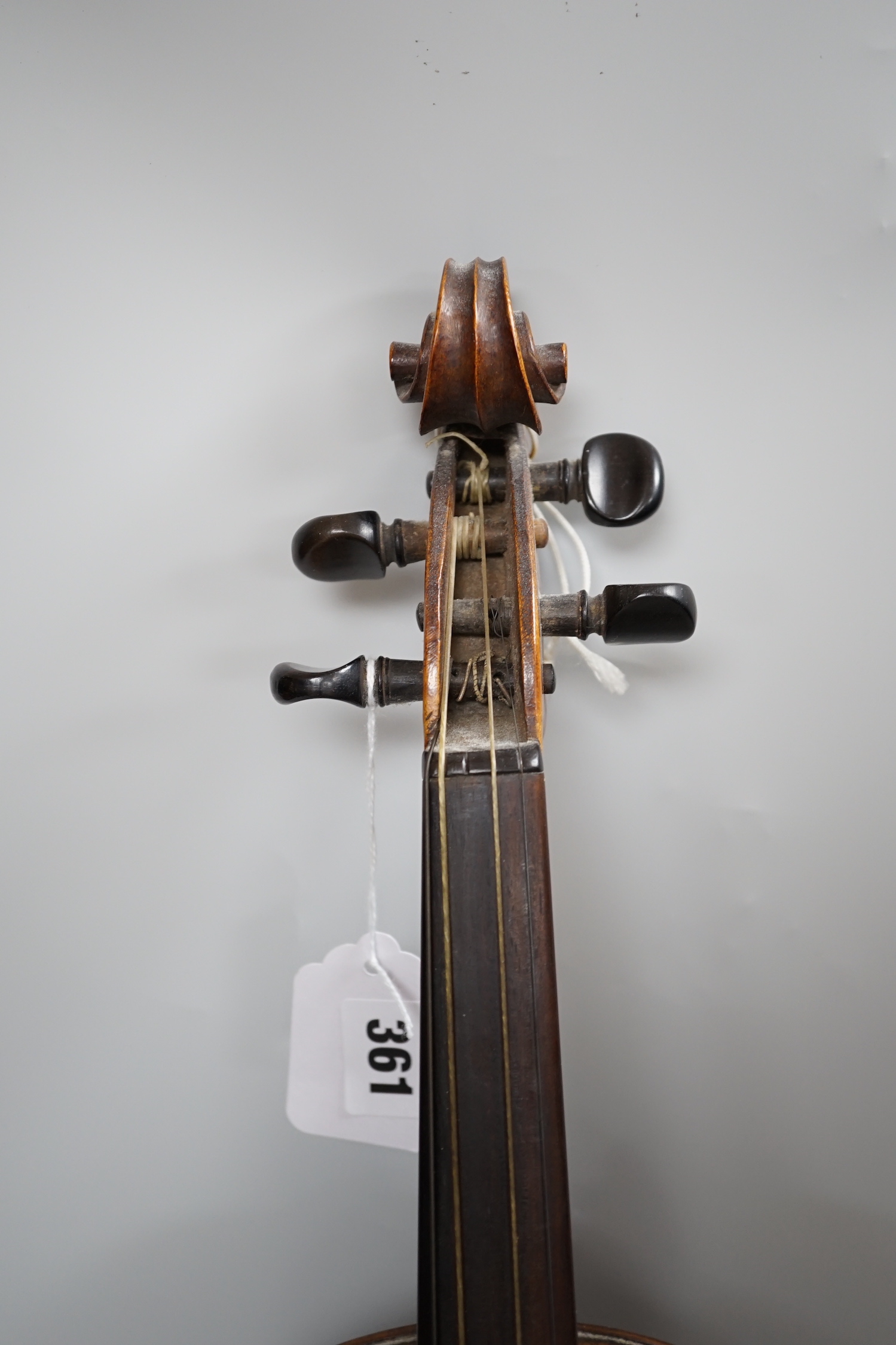 A Saxony violin, interior label reads ‘Sebastian Lloz An 1700’, back measures 36cm